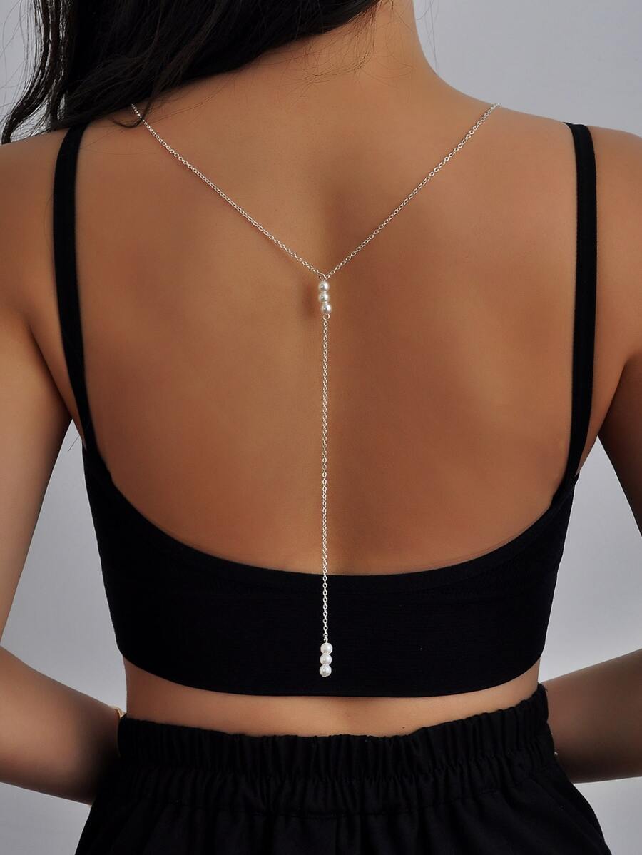 人造珍珠裝飾y型拉裏亞項鍊 - 銀色 - 查看 1