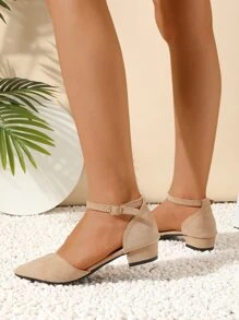 極簡風格仿麂皮尖頭踝帶平底鞋 - 杏色 - 查看 5