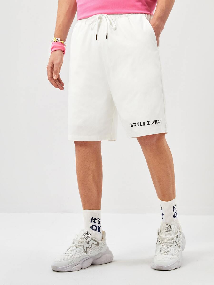 Manfinity RebelGame Loose-Fit Men's Letter Graphic Drawstring Waist Shorts - White - View 1