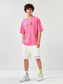 Manfinity RebelGame Loose-Fit Men's Letter Graphic Drawstring Waist Shorts - White - View 4