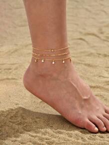 3pcs Cubic Zirconia Charm Anklet - Yellow Gold - View 1