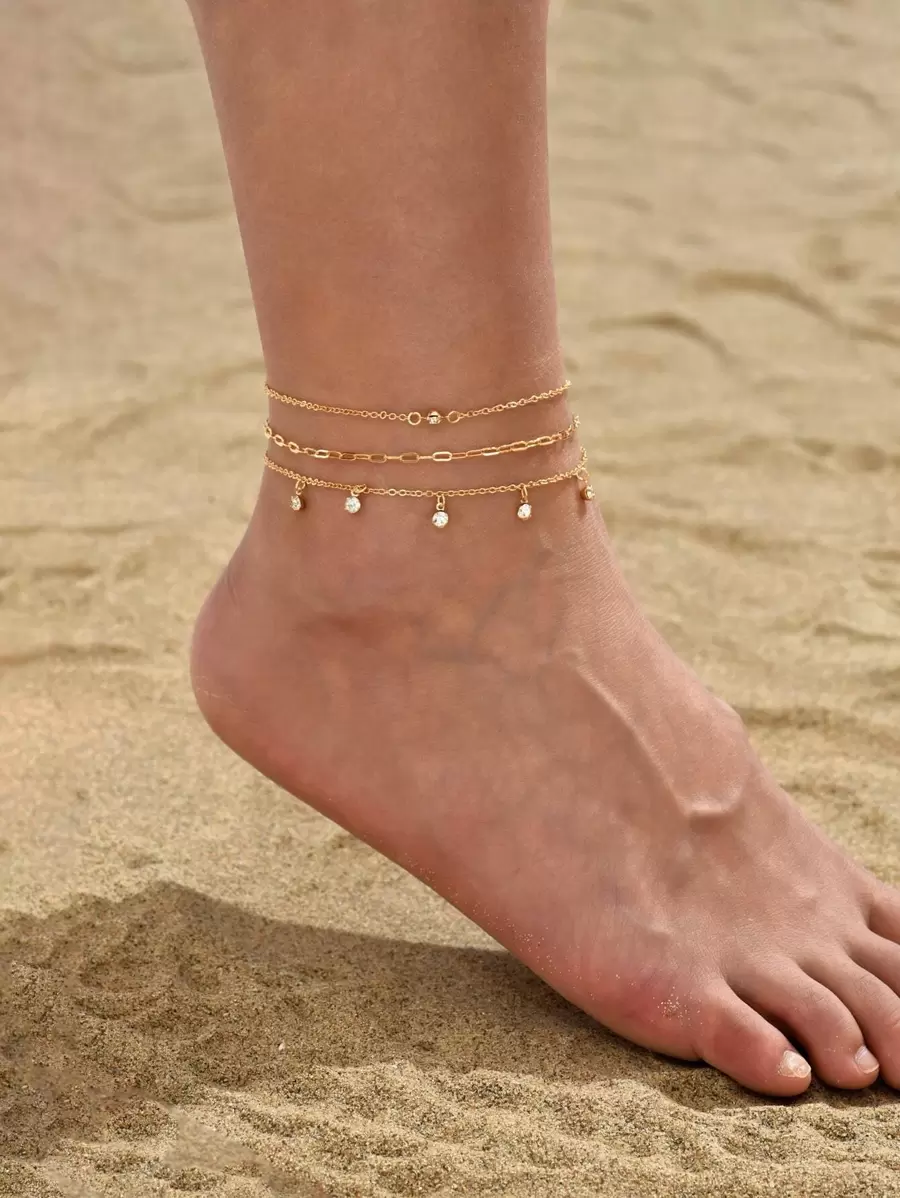 3pcs Cubic Zirconia Charm Anklet - Yellow Gold - View 1