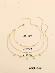 3pcs Cubic Zirconia Charm Anklet - Yellow Gold - View 4