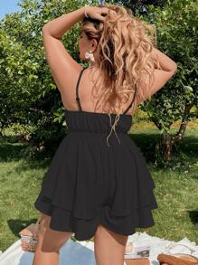 Flirla 加大弹性腰部分层下摆吊带夏季波西米亚风连体衣 - 黑色 - 查看 2