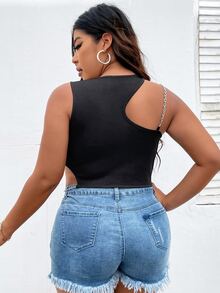 大碼鏈條細節鏤空短款背心 - 黑色 - 查看 2