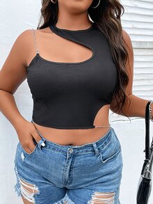 大碼鏈條細節鏤空短款背心 - 黑色 - 查看 3