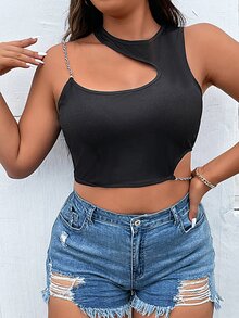 大碼鏈條細節鏤空短款背心 - 黑色 - 查看 6