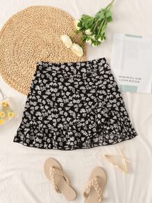 Falda con estampado floral bajo con fruncido - Blanco y Negro - Ver 1