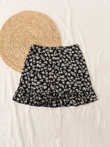 Falda con estampado floral bajo con fruncido - Blanco y Negro - Ver 2