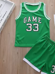 SHEIN 年輕男孩字母圖案背心短袖+運動短褲 - 綠色 - 查看 3