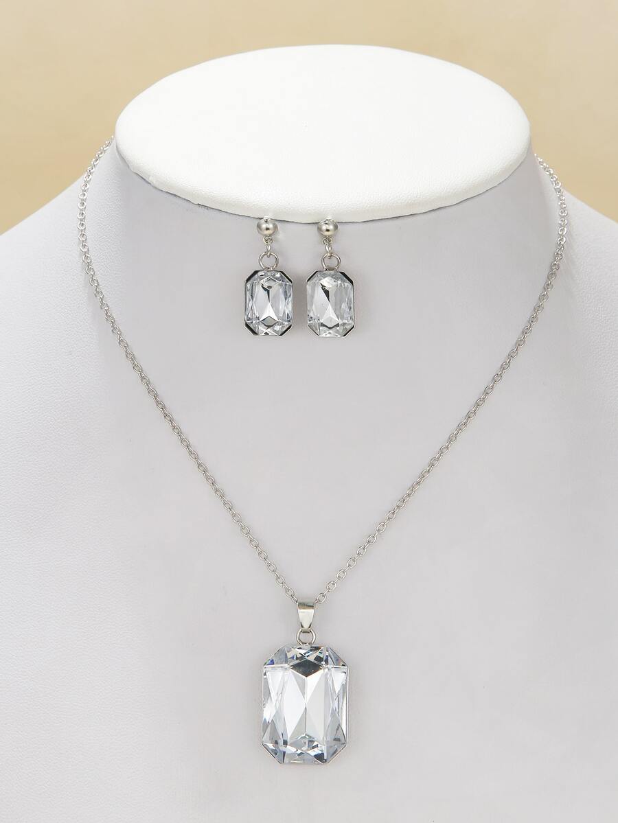 Vòng cổ mặt dây chuyền hình vuông Rhinestone & Hoa tai thả - Bạc - Xem 1