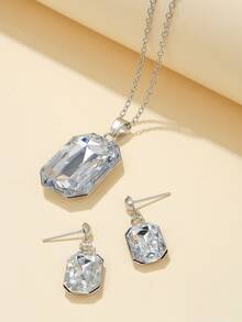 Vòng cổ mặt dây chuyền hình vuông Rhinestone & Hoa tai thả - Bạc - Xem 2