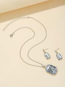 Vòng cổ mặt dây chuyền hình vuông Rhinestone & Hoa tai thả - Bạc - Xem 3