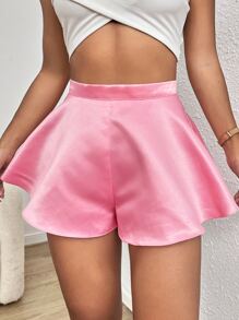 SHEIN Essnce Flare Hem Satin Shorts - Baby Pink - View 3