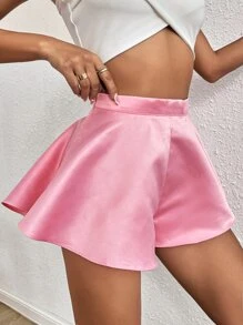 SHEIN Essnce Flare Hem Satin Shorts - Baby Pink - View 4