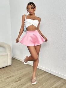 SHEIN Essnce Flare Hem Satin Shorts - Baby Pink - View 5