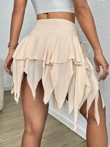 SHEIN ICON Váy nữ Bất đối xứng Ren lên màu trơn Gợi cảm - Màu be - Xem 2