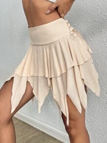 SHEIN ICON Váy nữ Bất đối xứng Ren lên màu trơn Gợi cảm - Màu be - Xem 5