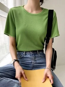 DAZY Áo thun nữ Gân đan màu trơn Giải trí - màu xanh lá - Xem 1