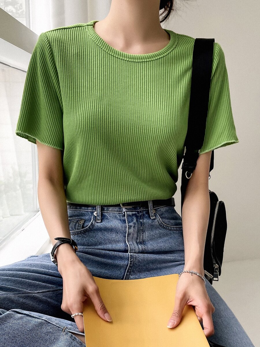 DAZY Áo thun nữ Gân đan màu trơn Giải trí - màu xanh lá - Xem 1