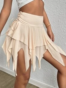 SHEIN ICON Váy nữ Bất đối xứng Ren lên màu trơn Gợi cảm - Màu be - Xem 6