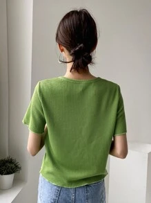 DAZY Áo thun nữ Gân đan màu trơn Giải trí - màu xanh lá - Xem 2