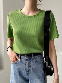 DAZY Áo thun nữ Gân đan màu trơn Giải trí - màu xanh lá - Xem 7