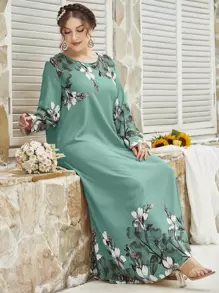 Al Najma Vestido modesto de manga larga con estampado floral para tallas grandes