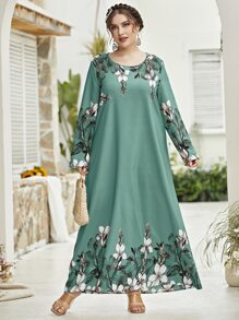 Al Najma Vestido modesto de manga larga con estampado floral para tallas grandes