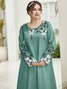 Al Najma Vestido modesto de manga larga con estampado floral para tallas grandes