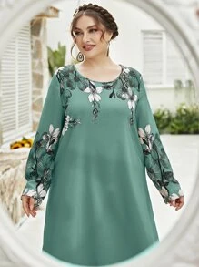Al Najma Vestido modesto de manga larga con estampado floral para tallas grandes