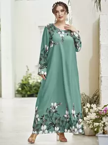 Al Najma Vestido modesto de manga larga con estampado floral para tallas grandes
