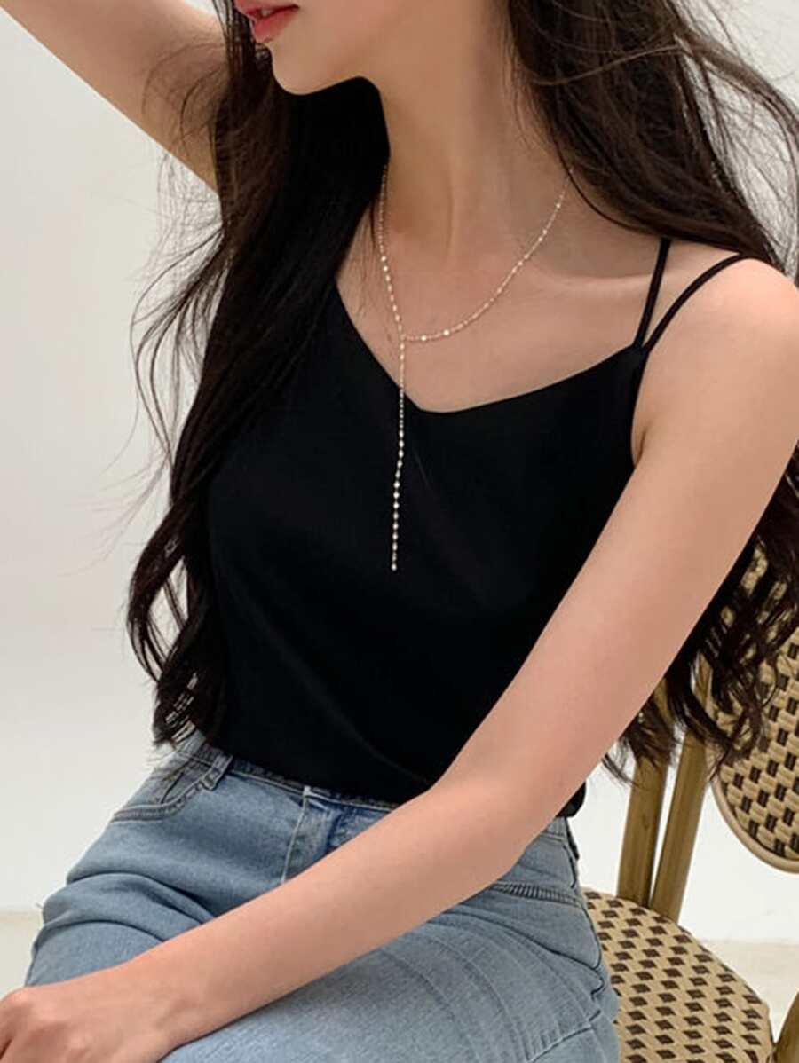 Women's Solid Color V-Neck Cross Back Strap Top - Black - View 1