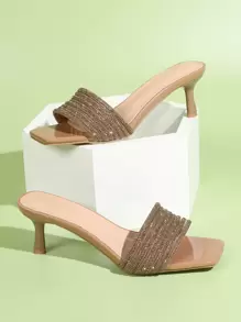 Women's Rhinestone Embellished High Heels Sandals, 2024 New Arrival Open Toe Stilettos - Khaki - View 2