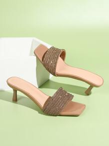 Women's Rhinestone Embellished High Heels Sandals, 2024 New Arrival Open Toe Stilettos - Khaki - View 4