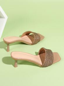 Women's Rhinestone Embellished High Heels Sandals, 2024 New Arrival Open Toe Stilettos - Khaki - View 3