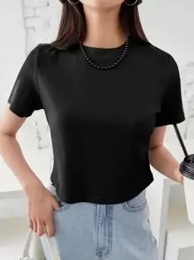 DAZY Camiseta corta de punto acanalado sólido, estilo preppy - Negro - Ver 3