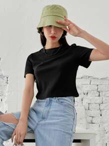 DAZY Camiseta corta de punto acanalado sólido, estilo preppy - Negro - Ver 4