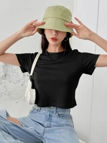 DAZY Camiseta corta de punto acanalado sólido, estilo preppy - Negro - Ver 5
