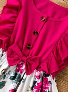 SHEIN Young Girl Floral Print Ruffle Trim Bow Front Dress - Multicolor - View 3