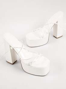 Sandalias de punta cuadrada con cordón plataforma tacón - Blanco - Ver 2