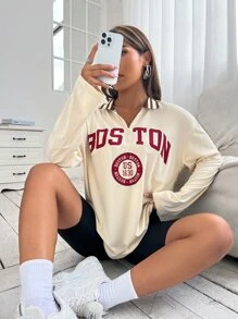 SHEIN Unity Letter Graphic Quarter Zip Drop Shoulder Tee - Apricot - View 1