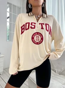 SHEIN Unity Letter Graphic Quarter Zip Drop Shoulder Tee - Apricot - View 3