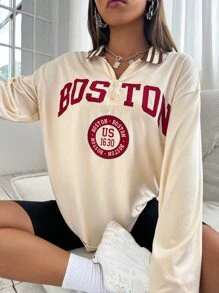 SHEIN Unity Letter Graphic Quarter Zip Drop Shoulder Tee - Apricot - View 4