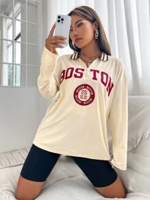 SHEIN Unity Letter Graphic Quarter Zip Drop Shoulder Tee - Apricot - View 5