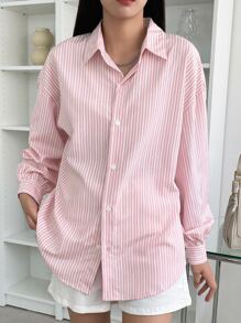 DAZY 条纹落肩衬衫，秋装长袖上衣 - 淺粉色 - 查看 3