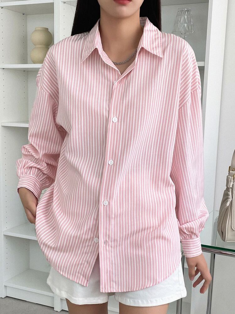 DAZY Striped Drop Shoulder Shirt,Fall Clothes Long Sleeve Top - Baby Pink - View 3