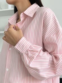 DAZY 条纹落肩衬衫，秋装长袖上衣 - 淺粉色 - 查看 4