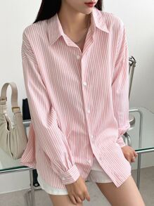 DAZY 条纹落肩衬衫，秋装长袖上衣 - 淺粉色 - 查看 6