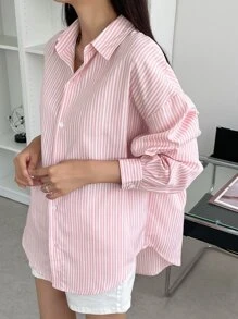 DAZY 条纹落肩衬衫，秋装长袖上衣 - 淺粉色 - 查看 7